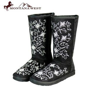 MONTANA WEST Black Floral Embroidered Faux Suede Shearling Boots NWT 6-10